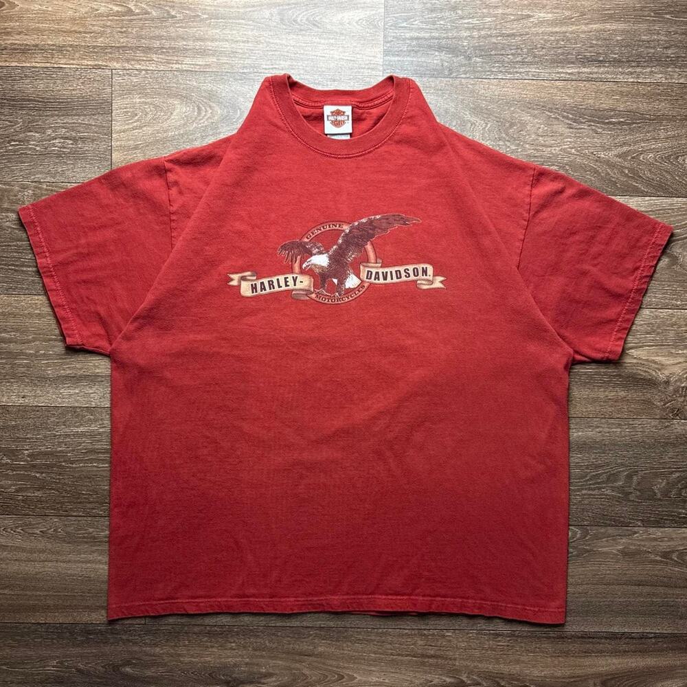 Y2K Harley Davidson Red Cotton Tee with Eagle Graphic